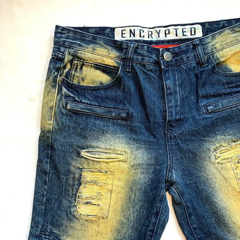 Encrypted Jeans Mens‎ 38x33 Distressed Acid Wash Relaxed Biker Moto Quilted NEW